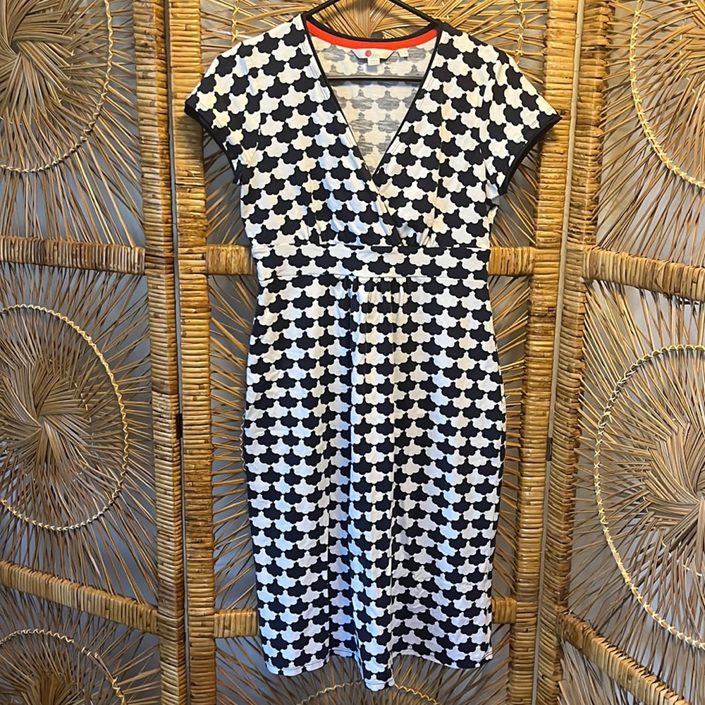 Boden Navy Blue and White Faux-Wrap Midi-Dress - Size US 6R